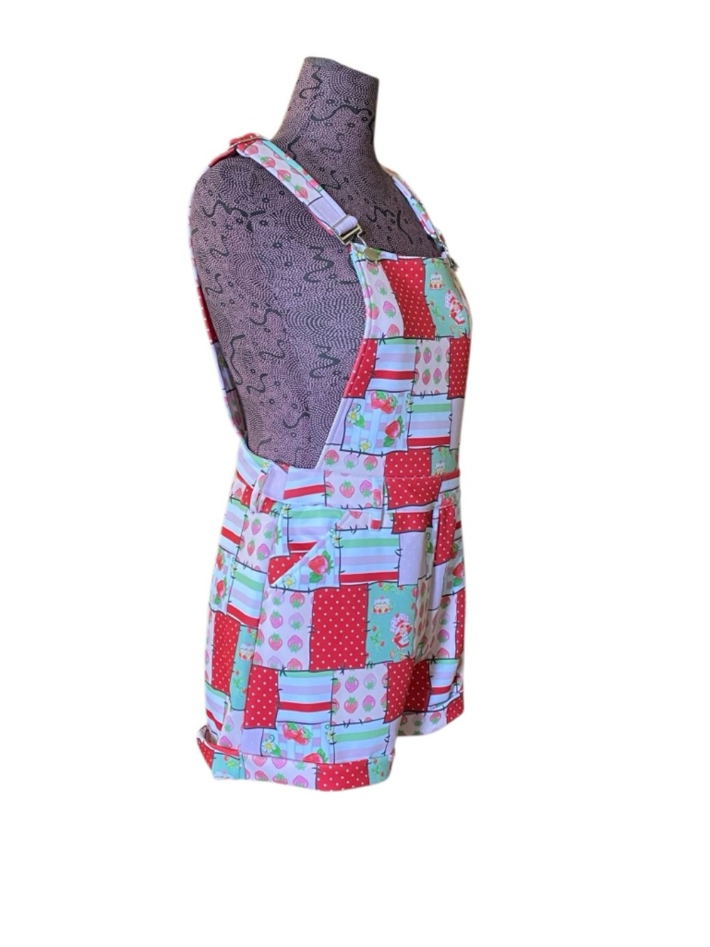 Her Universe Patchwork Strawberry Shortcake Print Short Overalls - Picture 2 of 6